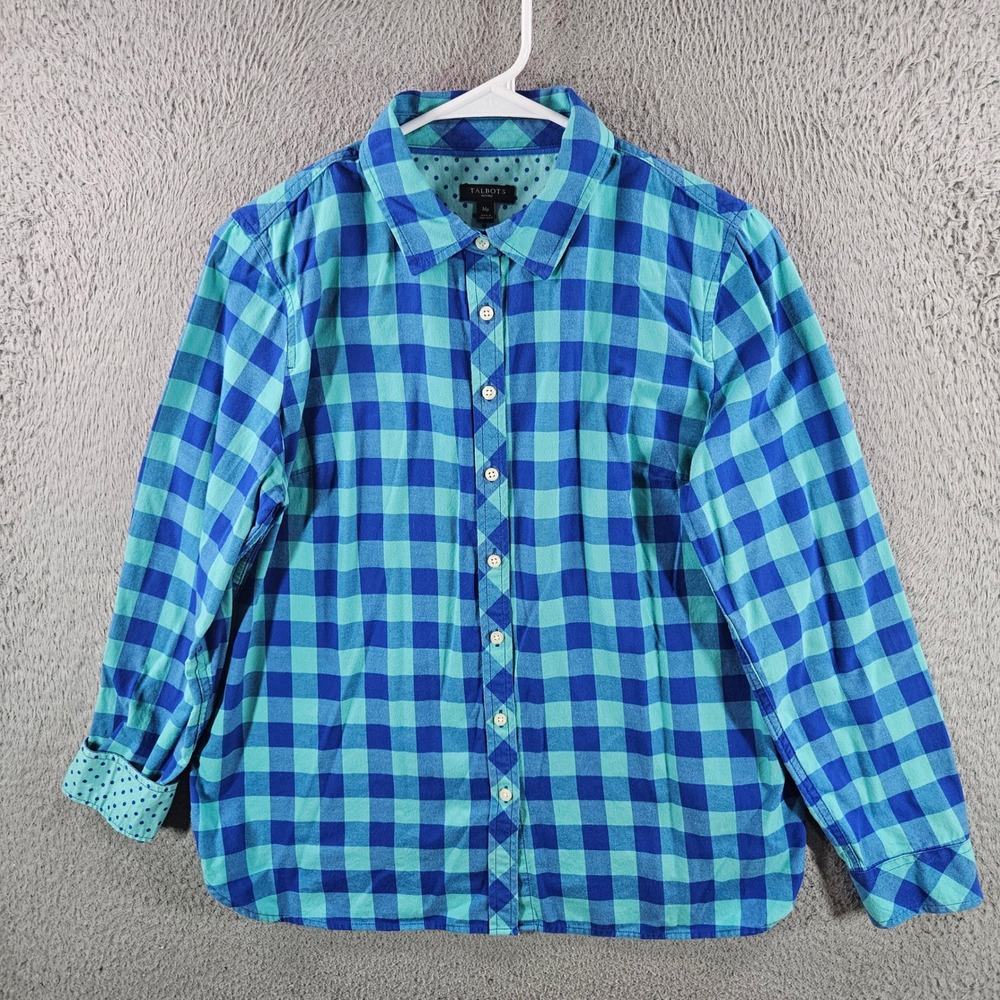 Talbots Petites Blue Teal Buffalo Check Button Down Shirt MP Polka Dot Trim